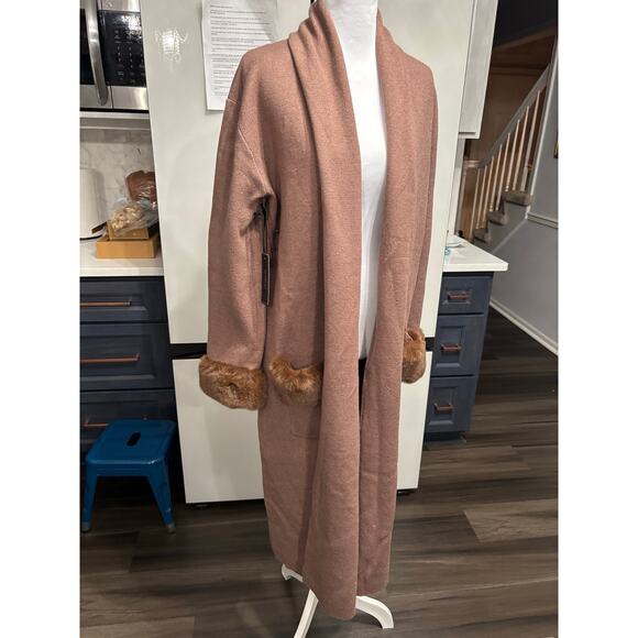 NWT Max sport open front knit sweater duster cardigan, mocha faux fur glam sz L - Picture 5 of 11